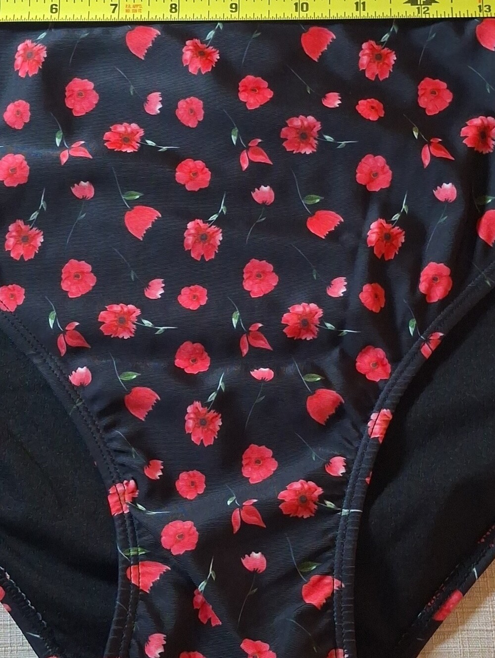 Nicole Miller Black Bikini Bottom with Red Floral Print